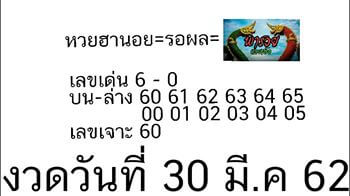 วิเคราะห์หวยฮานอย 30/3/62 ชุดที่ 16