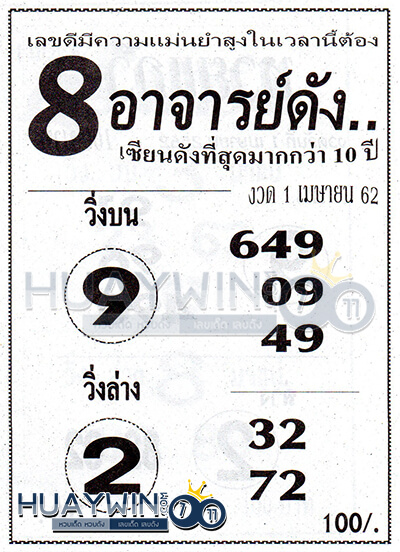 หวยซอง เลข8อาจารย์ดัง1/4/62