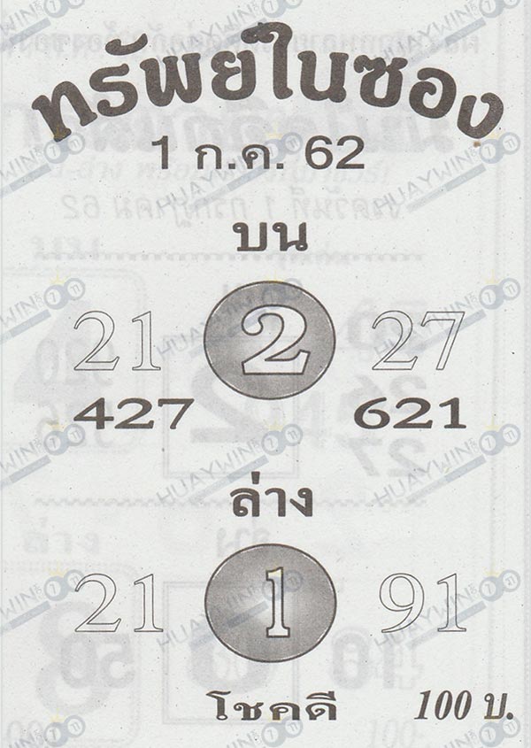 เลขเด็ด หวยทรัพย์ในซอง 1 กรกฎาคม 2562