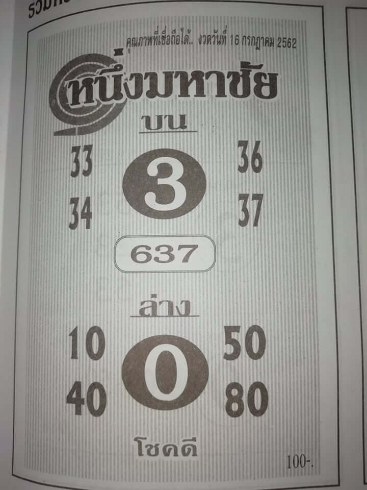 หวยหนึ่งมหาชัย 15/7/62