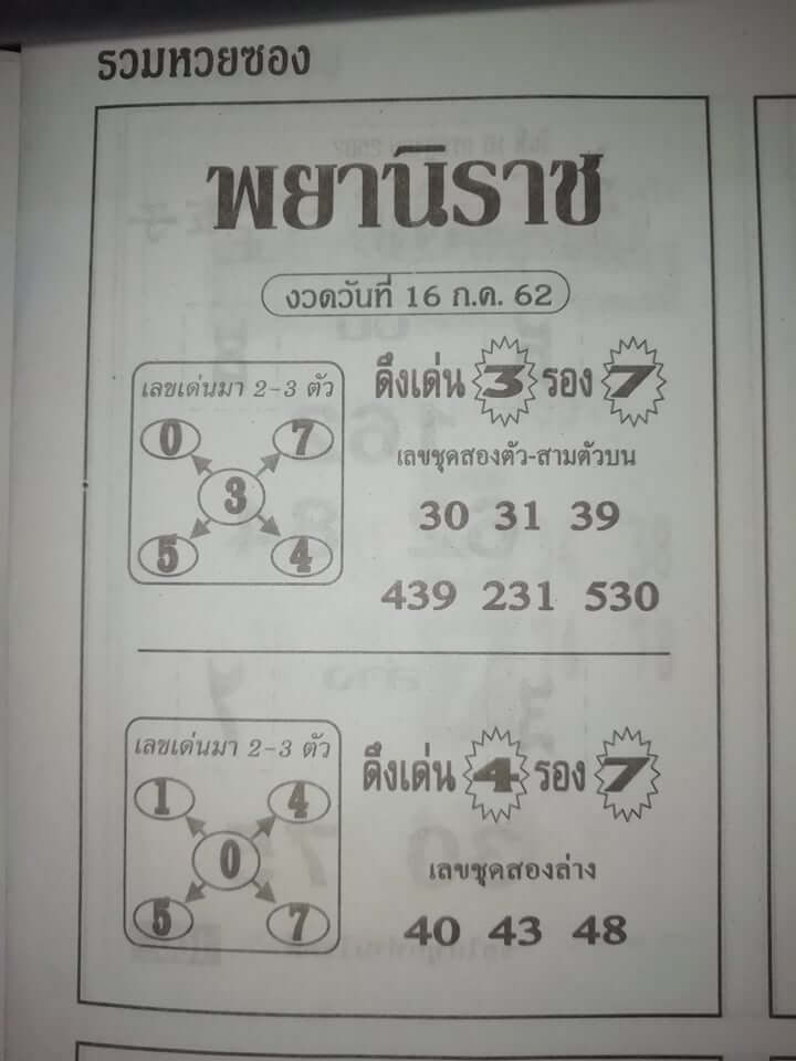 หวยพยานิราช​ 15/7/62