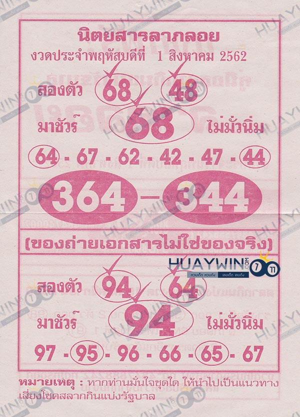 เลขเด็ดนิตยสารลาภลอย 1 สิงหาคม 2562