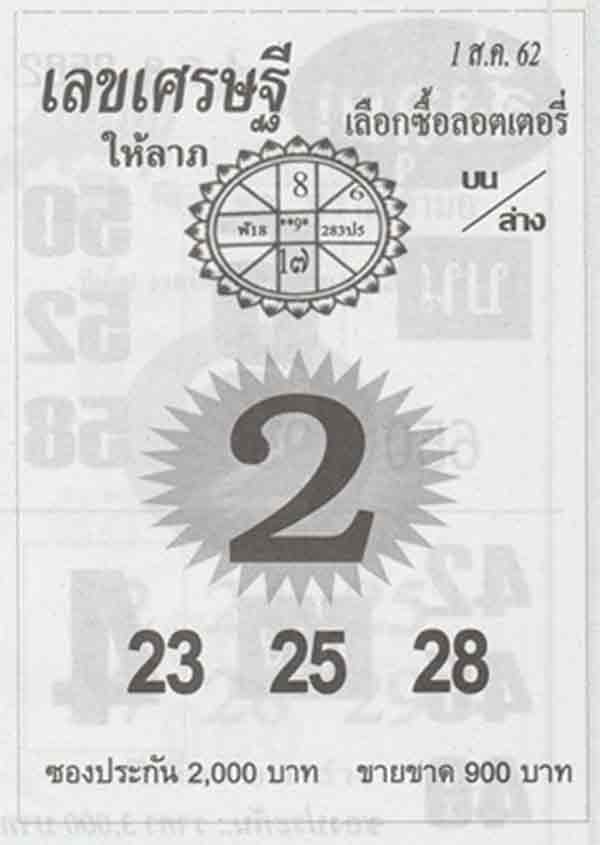 เลขเด็ด หวยเลขเศรษฐี 1 สิงหาคม 2562