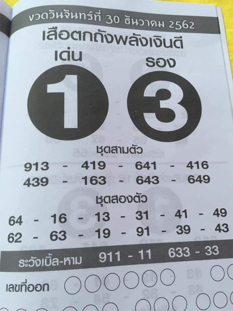 หวยเสือตกถังพลังเงินดี 30 ธันวาคม 2562