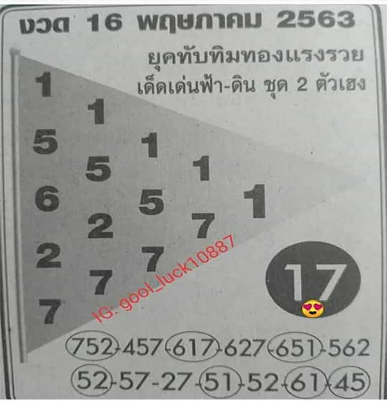 หวยทับทิมทอง 16/5/63