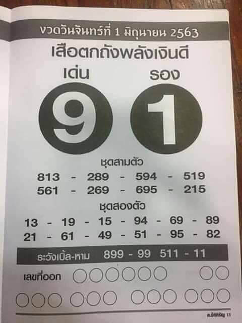 หวยเสือตกถังพลังเงินดี 1/6/63