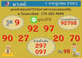 หวยมาเลย์วันนี้ 1/7/63 ชุดที่ 9