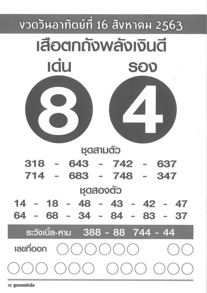 หวยเสือตกถังพลังเงินดี 16/8/63