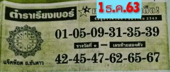 หวยตำราเรียงเบอร์ 1/12/63