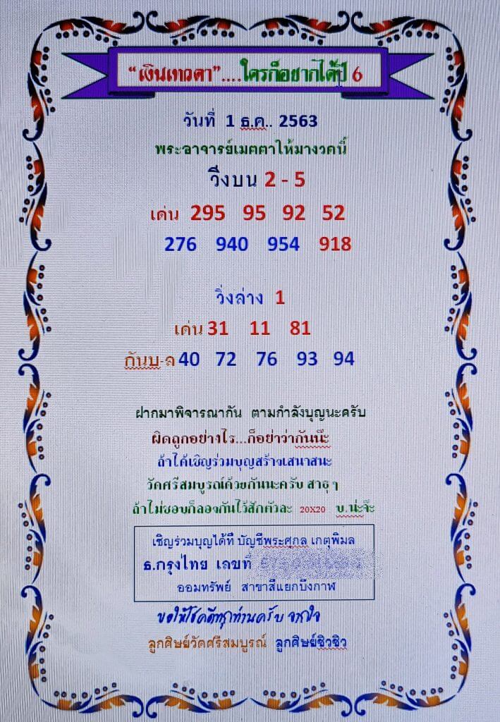 หวยเงินเทวดา 1/12/63