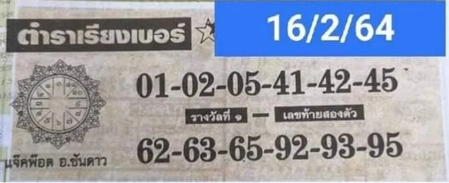 หวยตำราเรียงเบอร์ 16/2/64