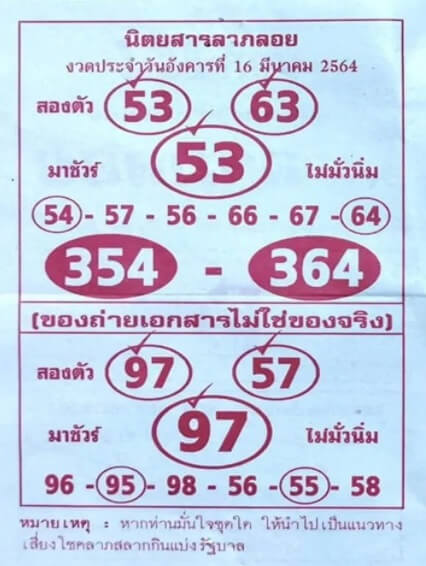 หวยลาภลอย 16/3/64