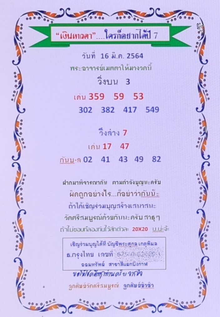 หวยเงินเทวดา 16/3/64