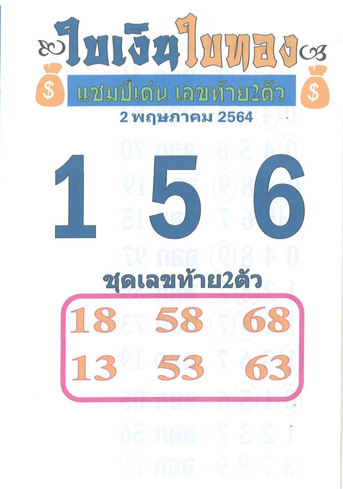 หวยใบเงินใบทอง 2/5/64