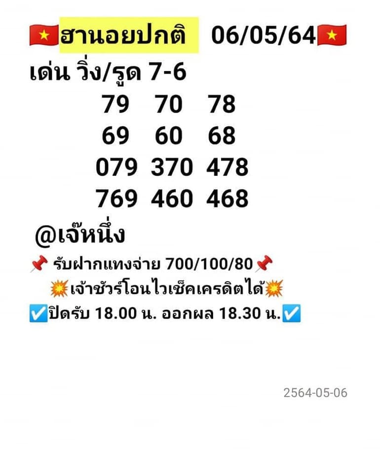 หวยฮานอย 6/5/64 ชุดที่ 4