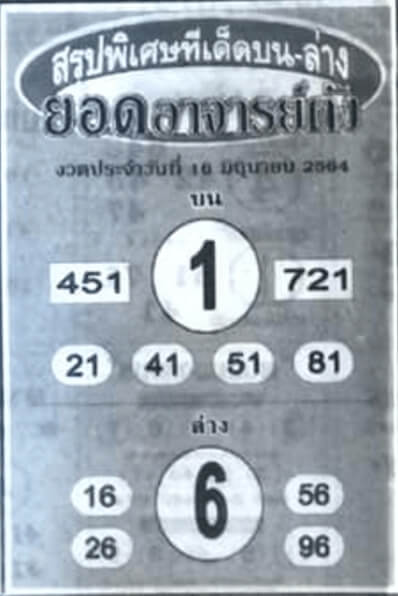 หวยยอดอาจารย์ดัง 16/6/64