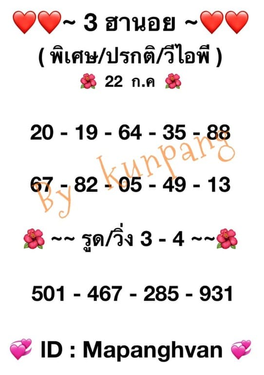 หวยฮานอย 22/7/64 ชุดที่ 1