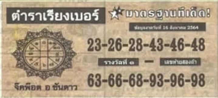 หวยตำราเรียงเบอร์ 16/8/64