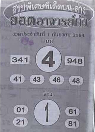 หวยยอดอาจารย์ดัง 1/9/64