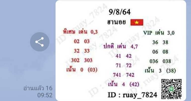 หวยฮานอย 9/8/64 ชุดที่ 11