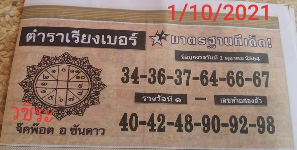 หวยตำราเรียงเบอร์ 1/10/64