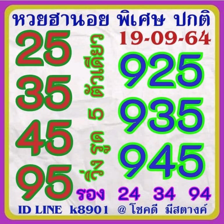 หวยฮานอย 19/9/64 ชุดที่ 1