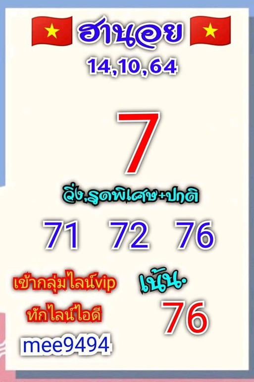 หวยฮานอย 14/10/64 ชุดที่ 1