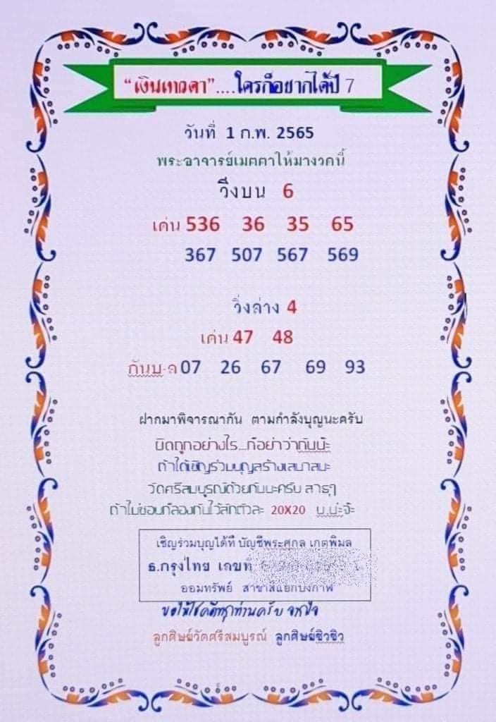 หวยเงินเทวดา 1/2/65