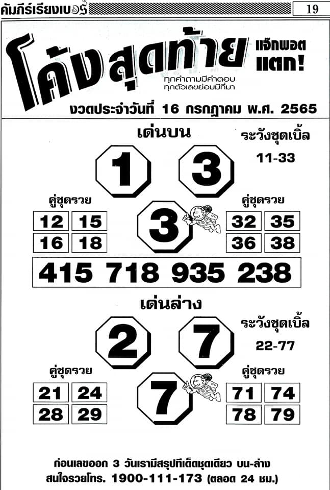 หวยโค้งสุดท้าย 16/7/65