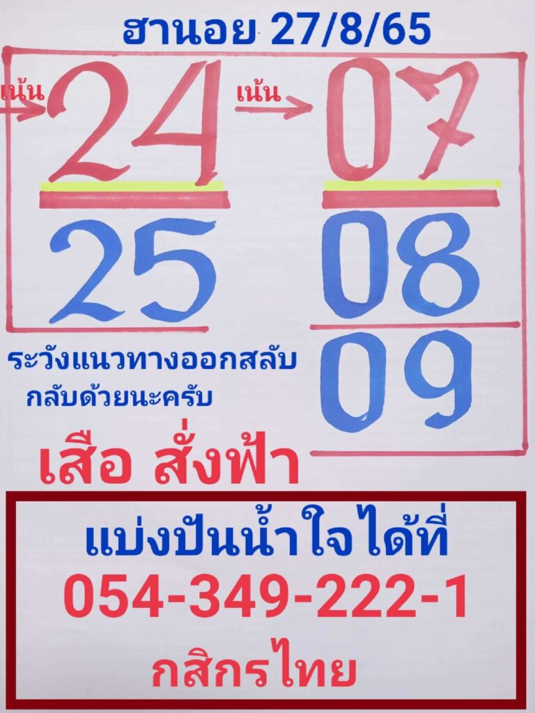 แนวทางหวยฮานอย 27/8/65 ชุดที่ 2