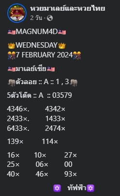 หวยมาเลย์วันนี้ 7/2/67 ชุดที่ 6