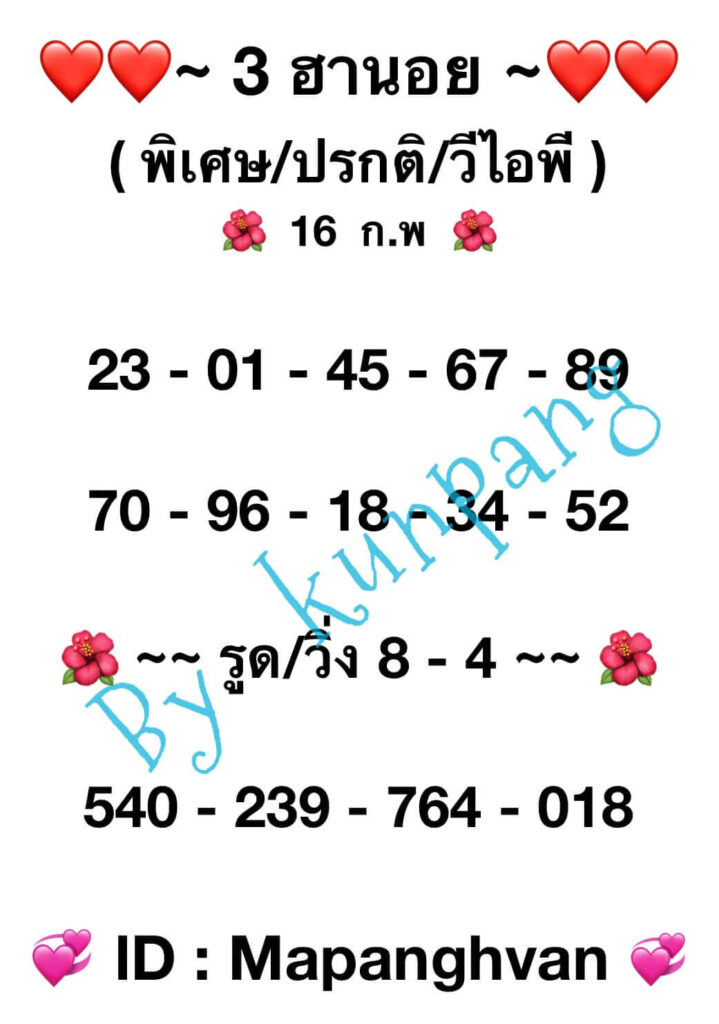 แนวทางหวยฮานอย 16/2/67 ชุดที่ 3