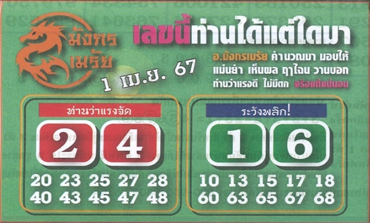 หวยมังกรเมรัย 1/4/67